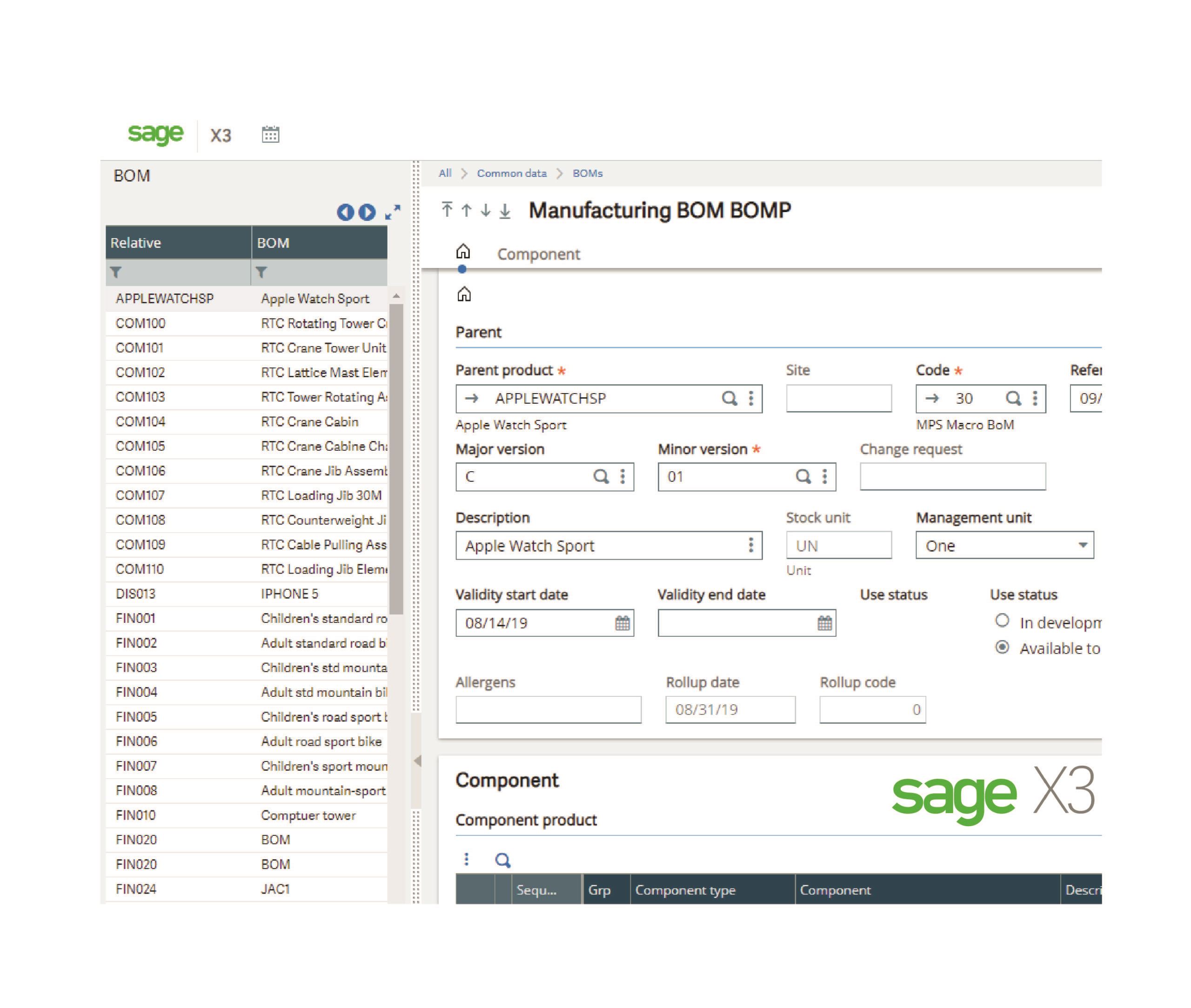 Sage X3 product screenshot Manufacturing BOM